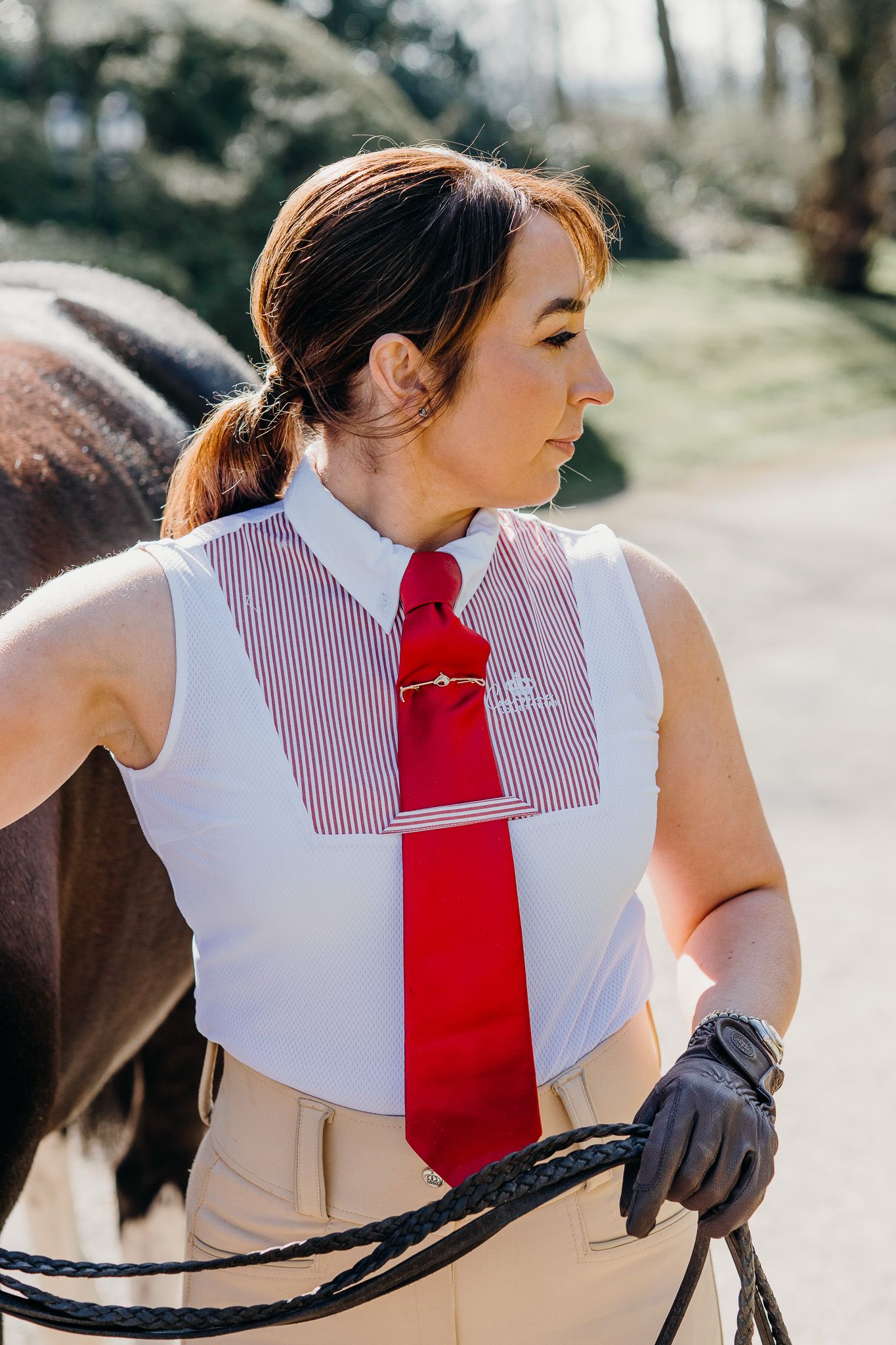 Ophelia Sleeveless Competition Shirt- Red & White Pinstripe